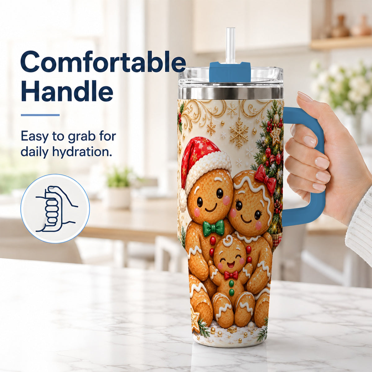 #pl[40oz|Blue] Ornate Gingerbread Family 40oz Tumbler, Stainless Steel Travel Cup