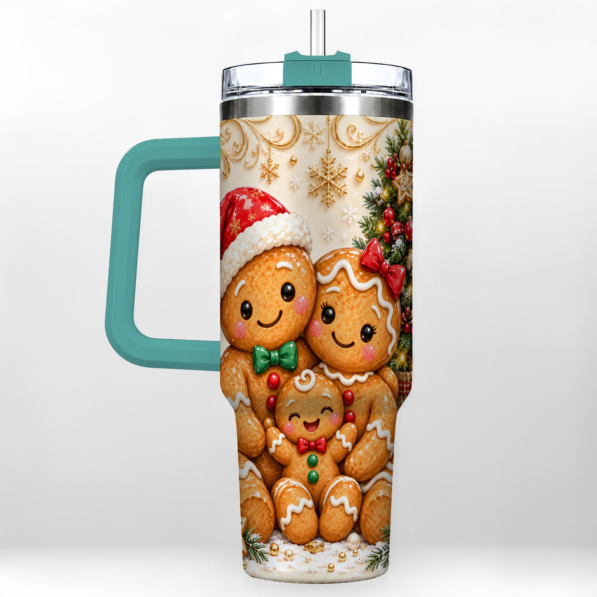 #pl[40oz|Green] Ornate Gingerbread Family 40oz Tumbler, Stainless Steel Travel Cup