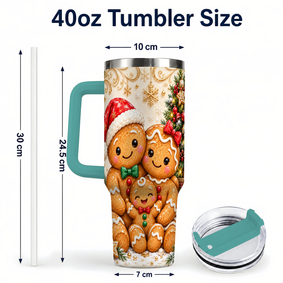 #pl[40oz|Green] Ornate Gingerbread Family 40oz Tumbler, Stainless Steel Travel Cup