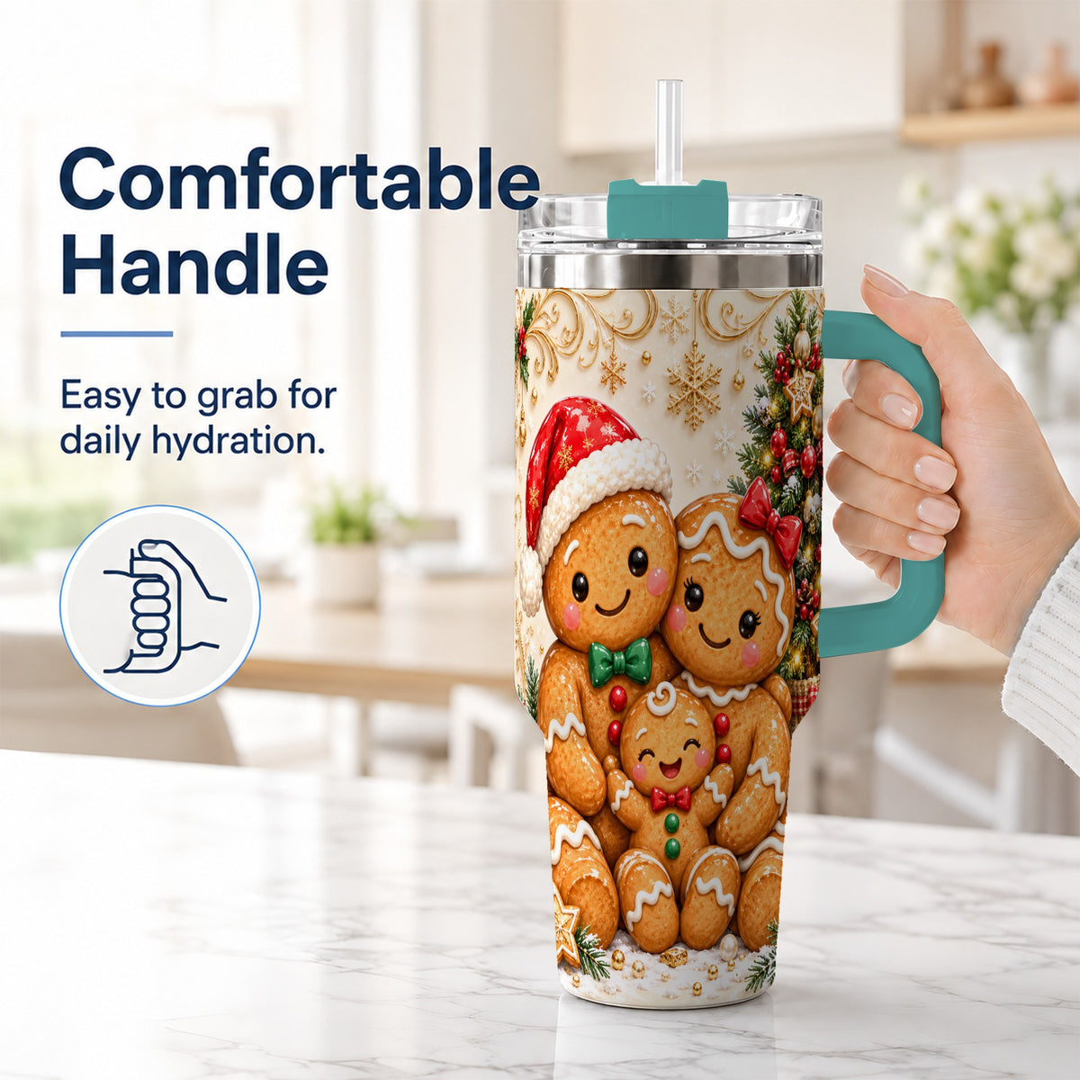 #pl[40oz|Green] Ornate Gingerbread Family 40oz Tumbler, Stainless Steel Travel Cup