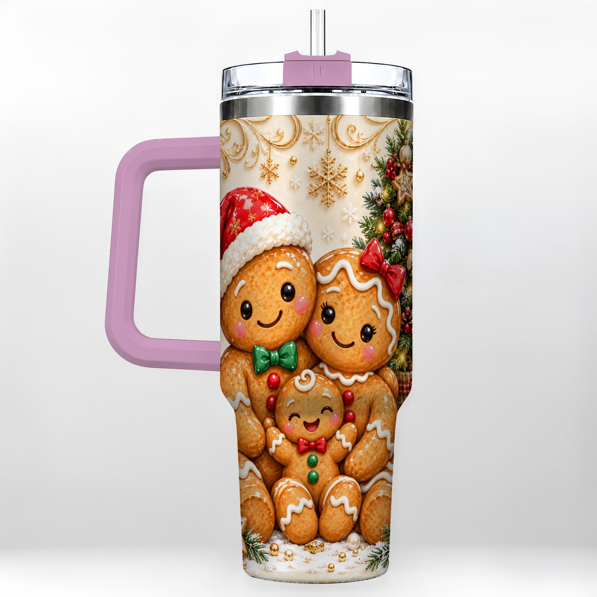 #pl[40oz|Pink] Ornate Gingerbread Family 40oz Tumbler, Stainless Steel Travel Cup