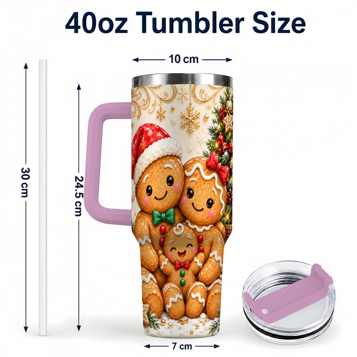 #pl[40oz|Pink] Ornate Gingerbread Family 40oz Tumbler, Stainless Steel Travel Cup