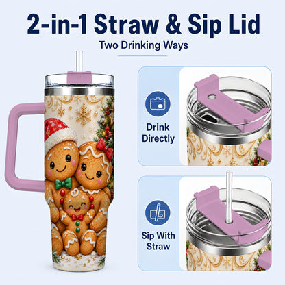 #pl[40oz|Pink] Ornate Gingerbread Family 40oz Tumbler, Stainless Steel Travel Cup