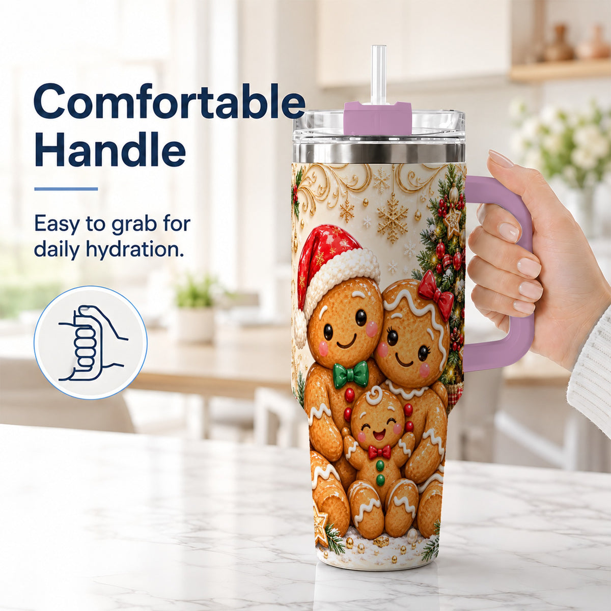 #pl[40oz|Pink] Ornate Gingerbread Family 40oz Tumbler, Stainless Steel Travel Cup