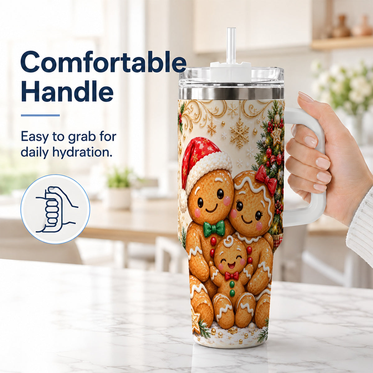 #pl[40oz|White] Ornate Gingerbread Family 40oz Tumbler, Stainless Steel Travel Cup