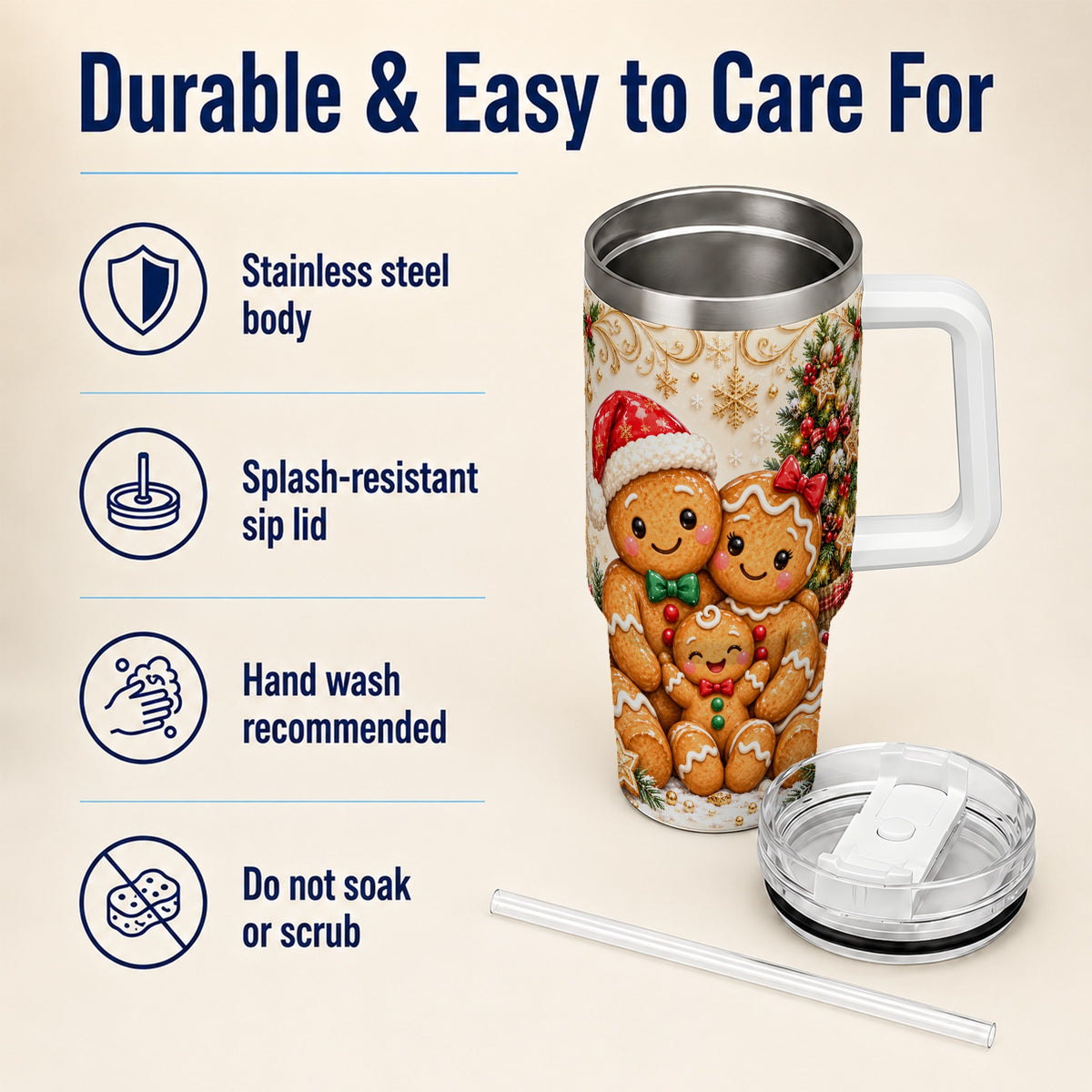 Ornate Gingerbread Family 40oz Tumbler, Stainless Steel Travel Cup