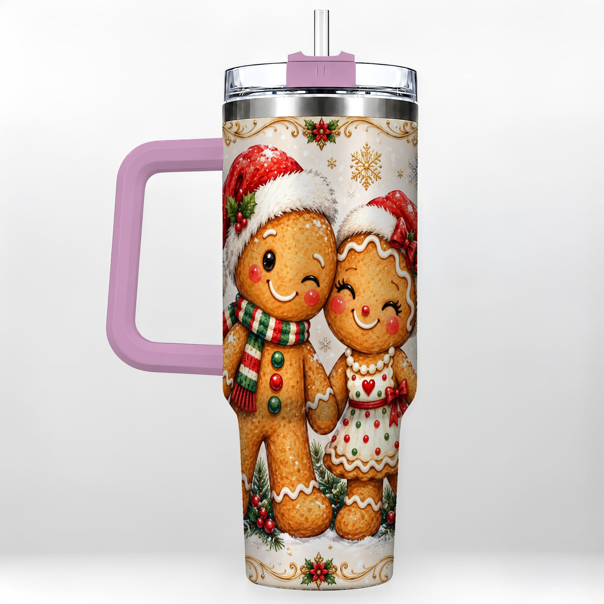 #pl[40oz|Pink] Gingerbread Couple 40oz Tumbler, Christmas Stainless Steel Travel Cup