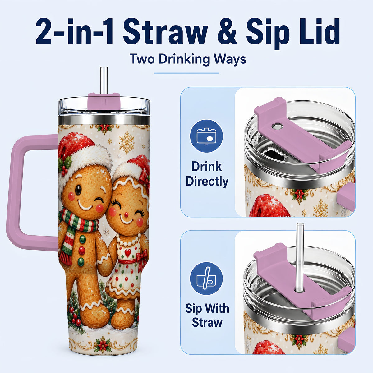 #pl[40oz|Pink] Gingerbread Couple 40oz Tumbler, Christmas Stainless Steel Travel Cup