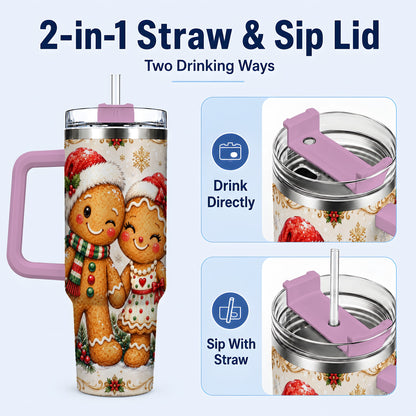 #pl[40oz|Pink] Gingerbread Couple 40oz Tumbler, Christmas Stainless Steel Travel Cup
