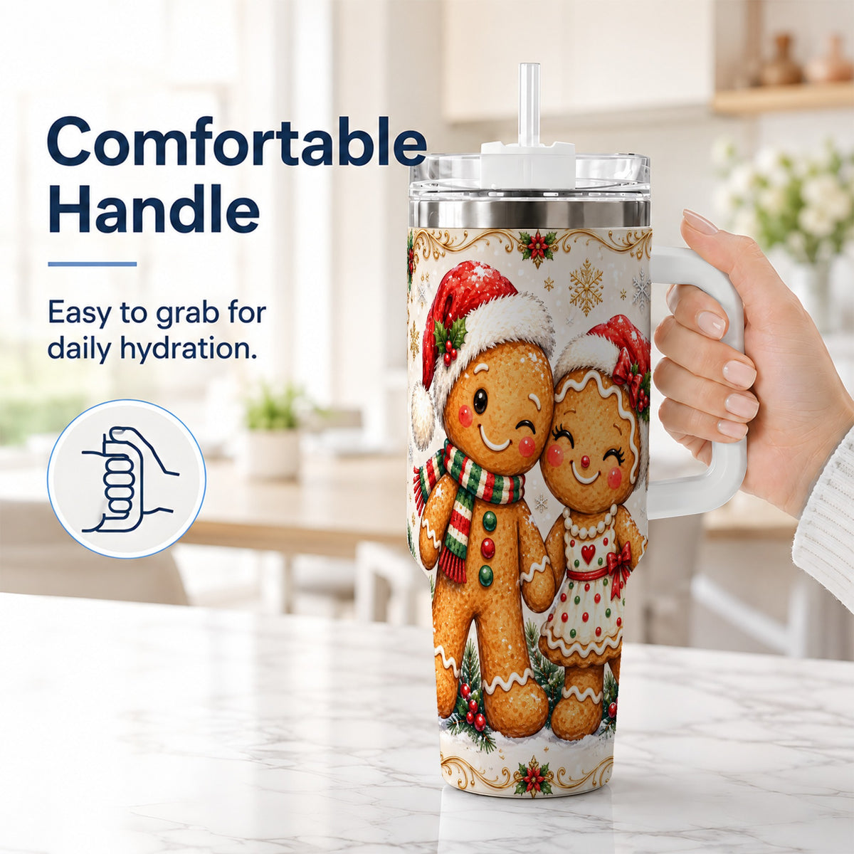 #pl[40oz|White] Gingerbread Couple 40oz Tumbler, Christmas Stainless Steel Travel Cup