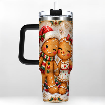 #pl[40oz|Black] Gingerbread Couple 40oz Tumbler with Handle, Holiday Stainless Steel Cup