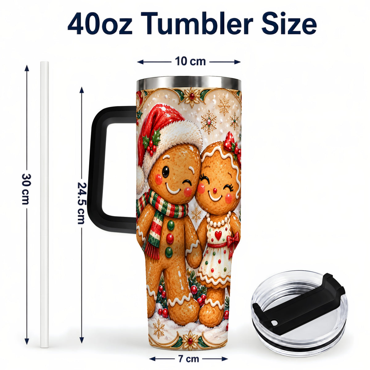 #pl[40oz|Black] Gingerbread Couple 40oz Tumbler with Handle, Holiday Stainless Steel Cup