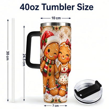 #pl[40oz|Black] Gingerbread Couple 40oz Tumbler with Handle, Holiday Stainless Steel Cup