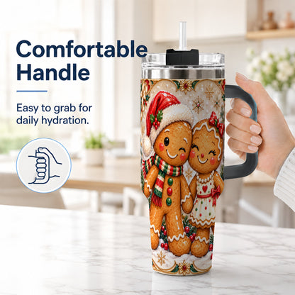 #pl[40oz|Black] Gingerbread Couple 40oz Tumbler with Handle, Holiday Stainless Steel Cup