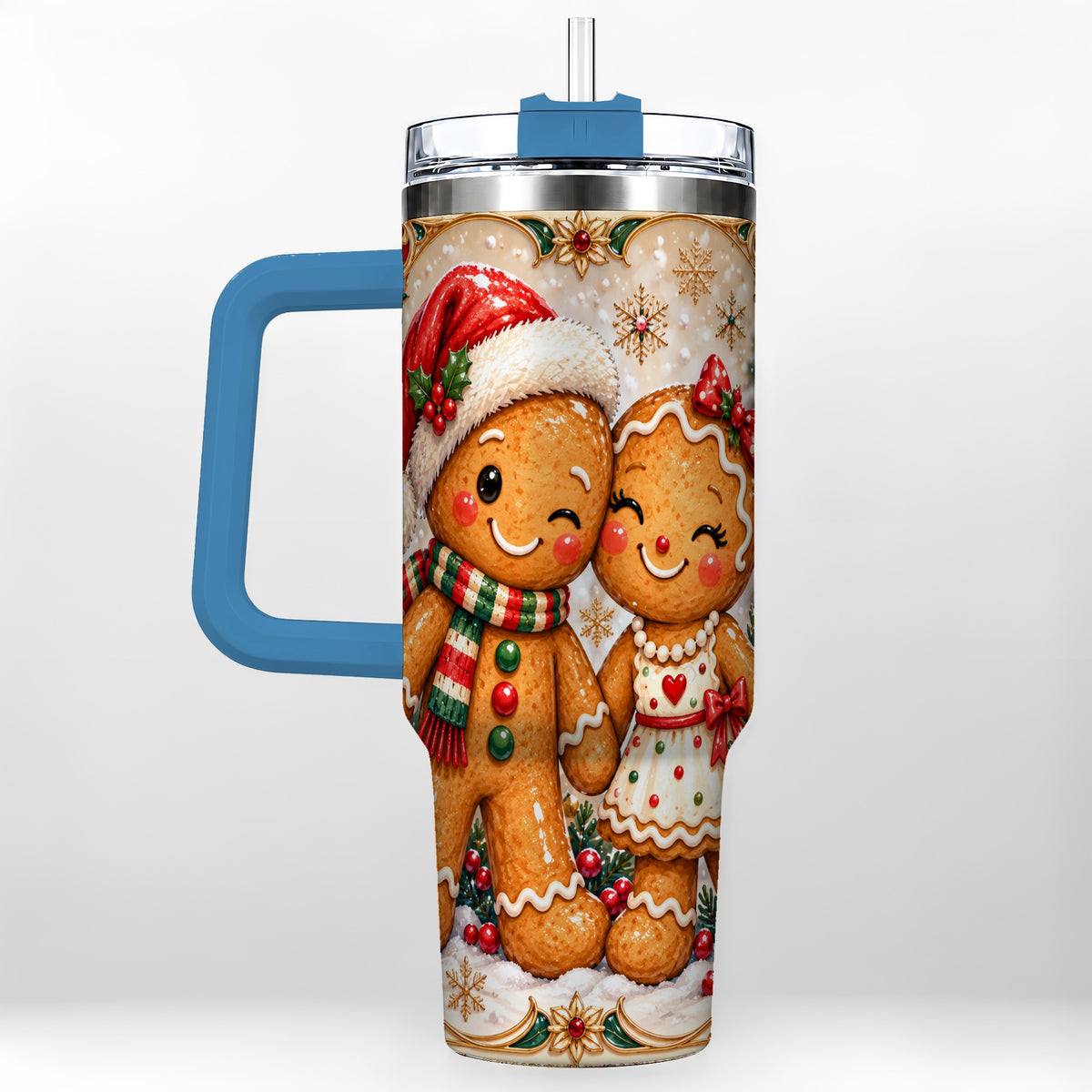 #pl[40oz|Blue] Gingerbread Couple 40oz Tumbler with Handle, Holiday Stainless Steel Cup