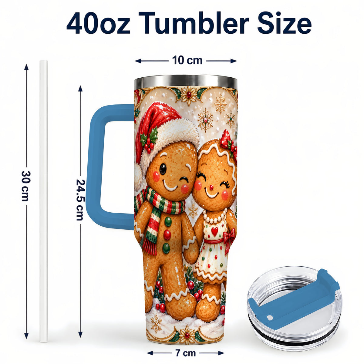 #pl[40oz|Blue] Gingerbread Couple 40oz Tumbler with Handle, Holiday Stainless Steel Cup
