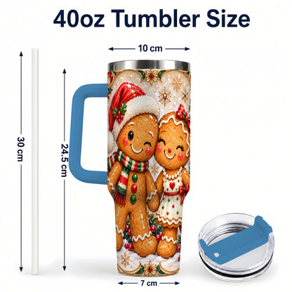 #pl[40oz|Blue] Gingerbread Couple 40oz Tumbler with Handle, Holiday Stainless Steel Cup