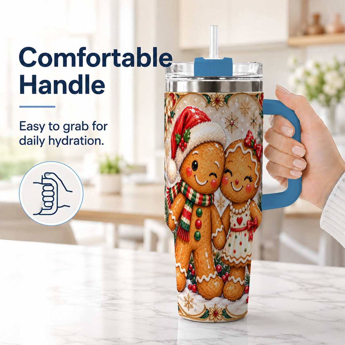 #pl[40oz|Blue] Gingerbread Couple 40oz Tumbler with Handle, Holiday Stainless Steel Cup