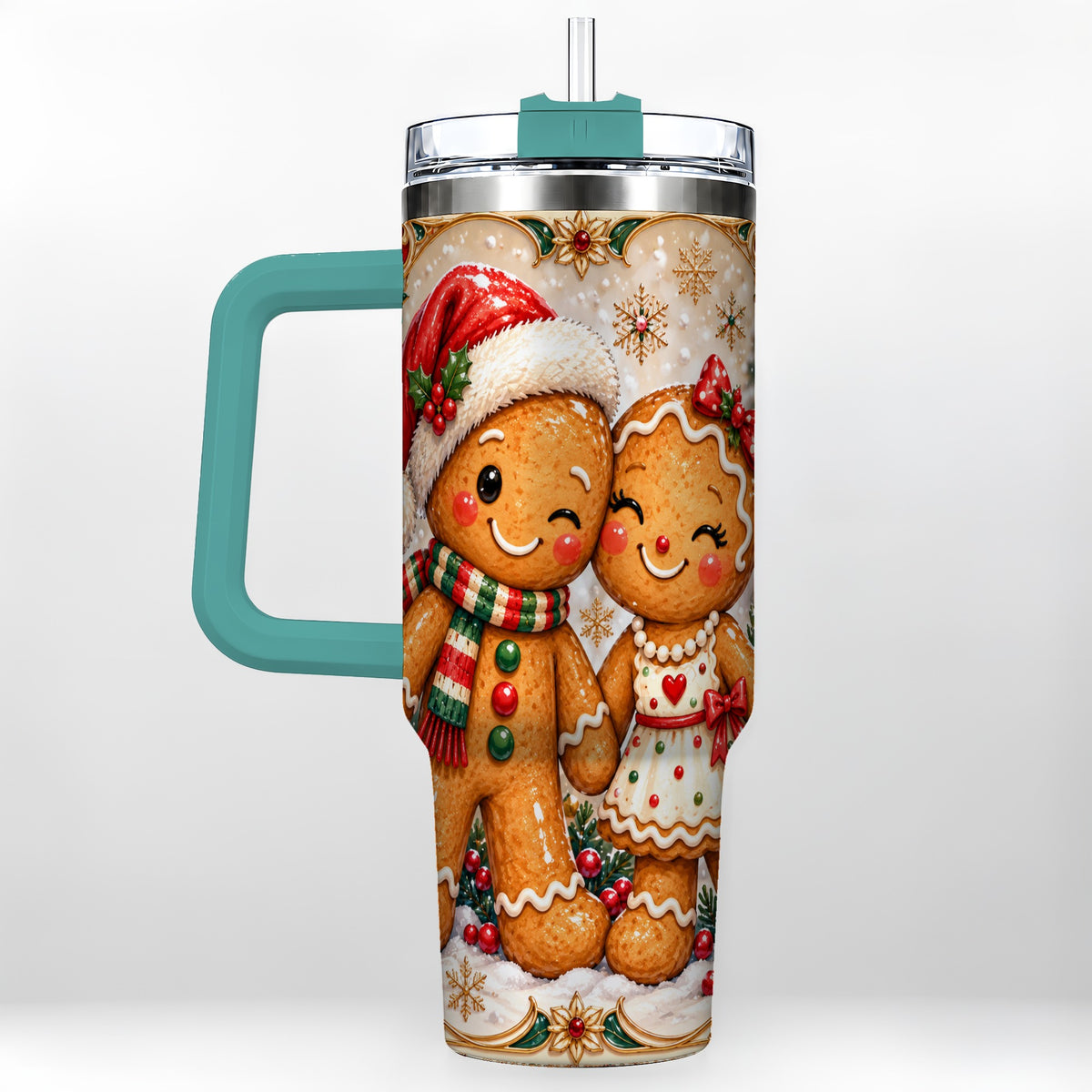 #pl[40oz|Green] Gingerbread Couple 40oz Tumbler with Handle, Holiday Stainless Steel Cup