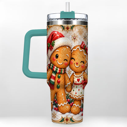 #pl[40oz|Green] Gingerbread Couple 40oz Tumbler with Handle, Holiday Stainless Steel Cup