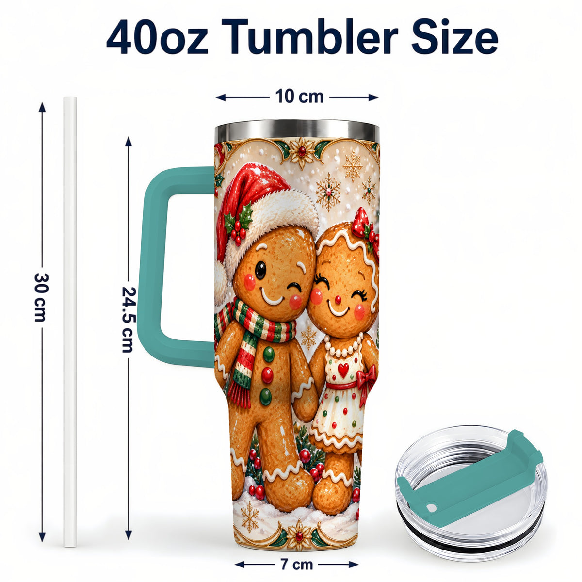 #pl[40oz|Green] Gingerbread Couple 40oz Tumbler with Handle, Holiday Stainless Steel Cup