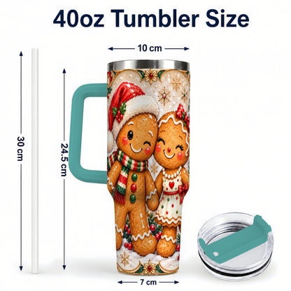 #pl[40oz|Green] Gingerbread Couple 40oz Tumbler with Handle, Holiday Stainless Steel Cup