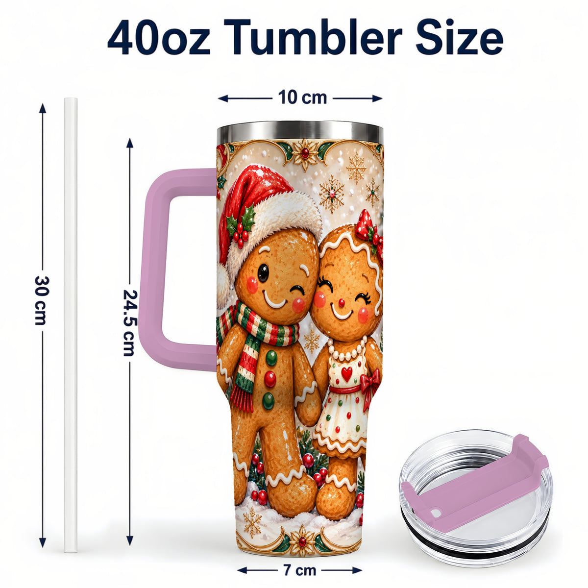 #pl[40oz|Pink] Gingerbread Couple 40oz Tumbler with Handle, Holiday Stainless Steel Cup