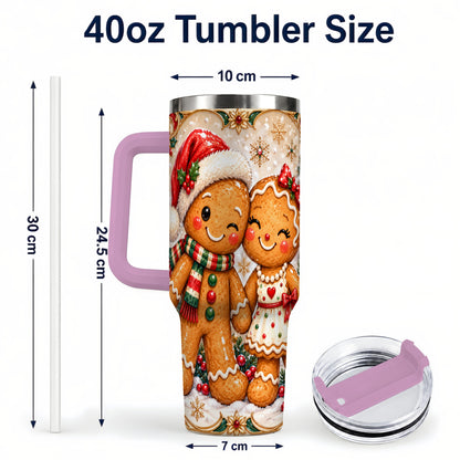 #pl[40oz|Pink] Gingerbread Couple 40oz Tumbler with Handle, Holiday Stainless Steel Cup