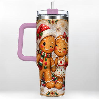 #pl[40oz|Pink] Gingerbread Couple 40oz Tumbler with Handle, Holiday Stainless Steel Cup