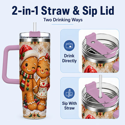 #pl[40oz|Pink] Gingerbread Couple 40oz Tumbler with Handle, Holiday Stainless Steel Cup