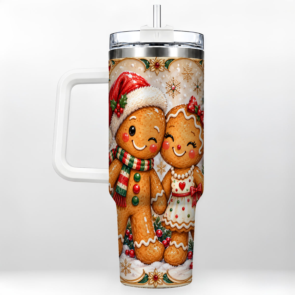 Gingerbread Couple 40oz Tumbler with Handle, Holiday Stainless Steel Cup