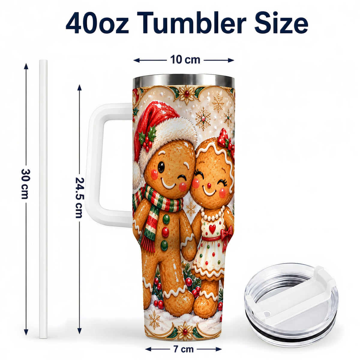 #pl[40oz|White] Gingerbread Couple 40oz Tumbler with Handle, Holiday Stainless Steel Cup