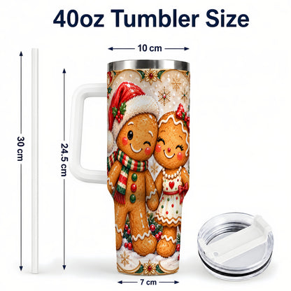 #pl[40oz|White] Gingerbread Couple 40oz Tumbler with Handle, Holiday Stainless Steel Cup