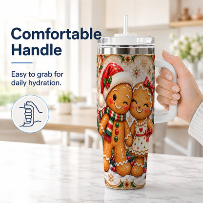 #pl[40oz|White] Gingerbread Couple 40oz Tumbler with Handle, Holiday Stainless Steel Cup