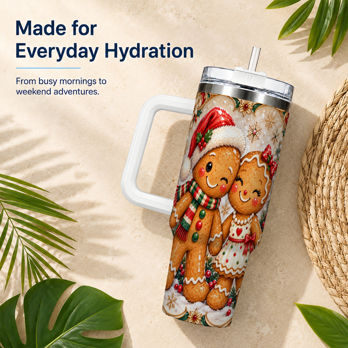 Gingerbread Couple 40oz Tumbler with Handle, Holiday Stainless Steel Cup