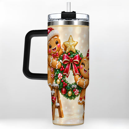 #pl[40oz|Black] Gingerbread Wreath 40oz Tumbler with Handle, Holiday Stainless Steel Cup