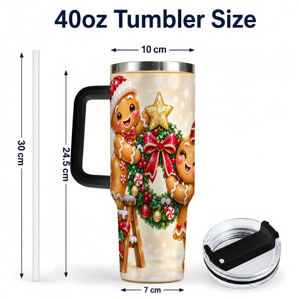 #pl[40oz|Black] Gingerbread Wreath 40oz Tumbler with Handle, Holiday Stainless Steel Cup