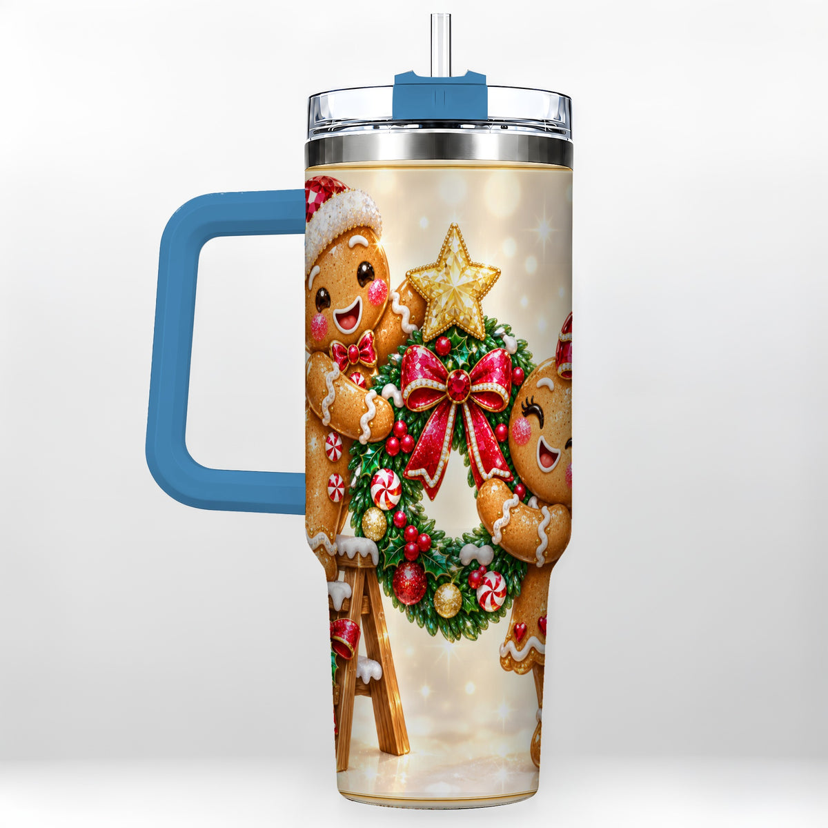#pl[40oz|Blue] Gingerbread Wreath 40oz Tumbler with Handle, Holiday Stainless Steel Cup