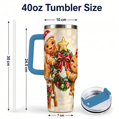 #pl[40oz|Blue] Gingerbread Wreath 40oz Tumbler with Handle, Holiday Stainless Steel Cup