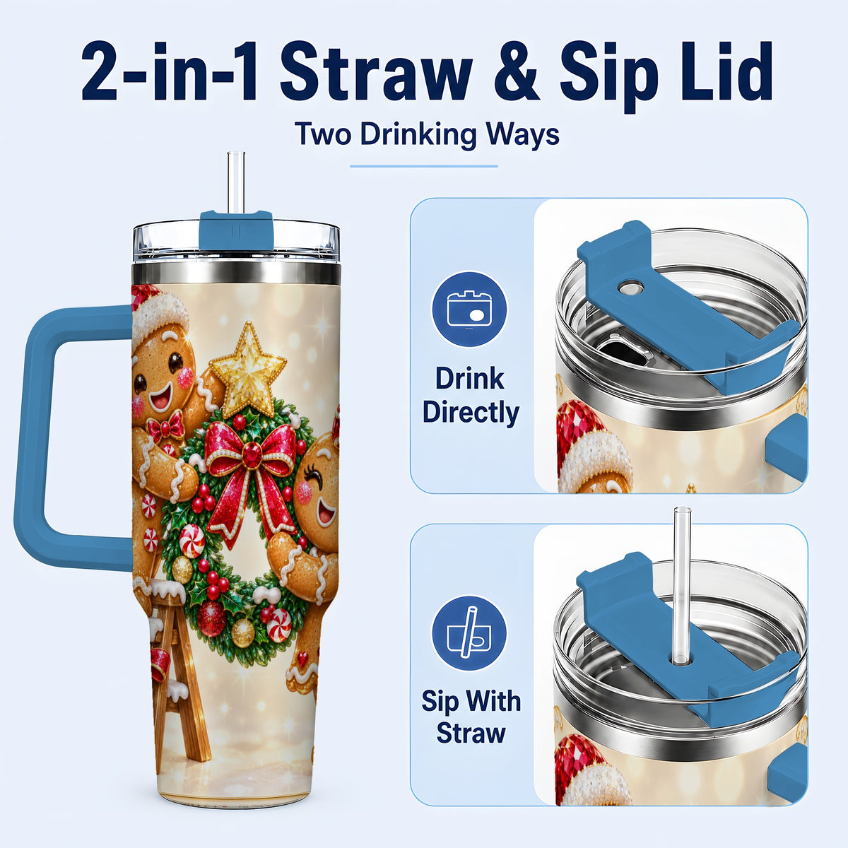 #pl[40oz|Blue] Gingerbread Wreath 40oz Tumbler with Handle, Holiday Stainless Steel Cup