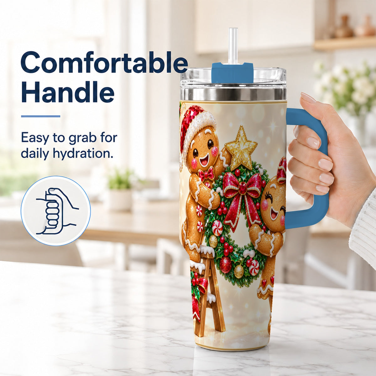 #pl[40oz|Blue] Gingerbread Wreath 40oz Tumbler with Handle, Holiday Stainless Steel Cup