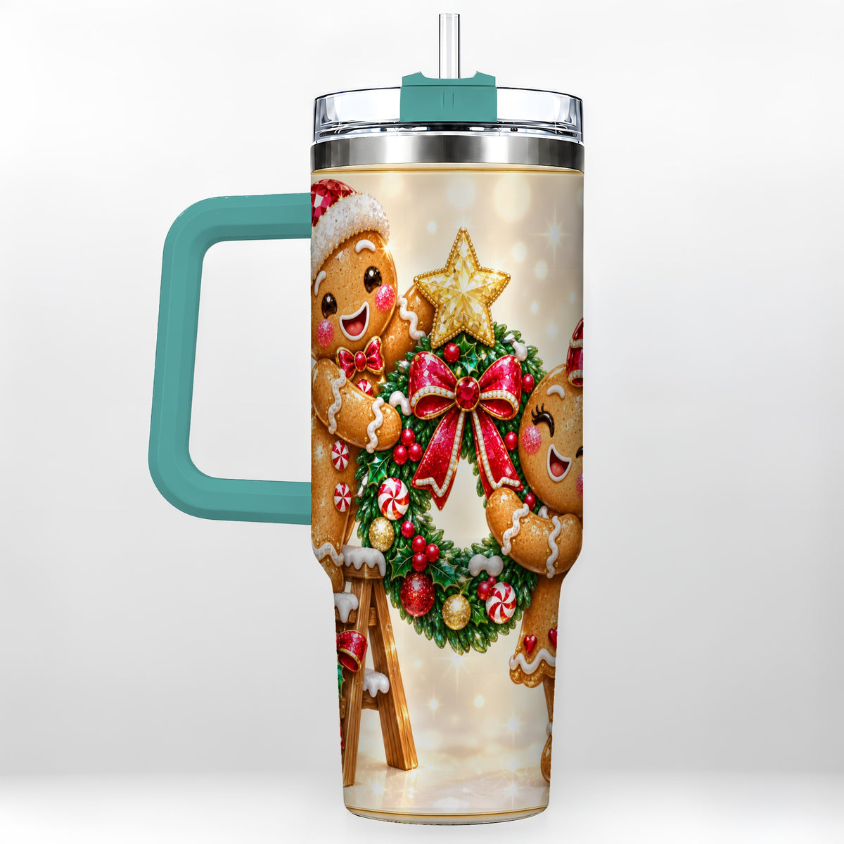 #pl[40oz|Green] Gingerbread Wreath 40oz Tumbler with Handle, Holiday Stainless Steel Cup