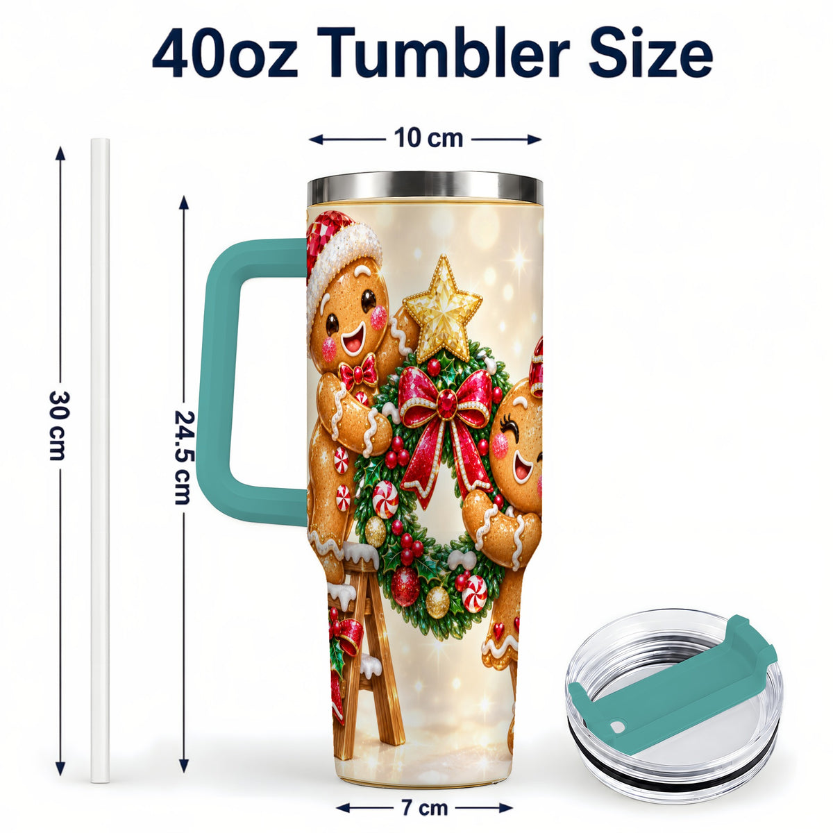 #pl[40oz|Green] Gingerbread Wreath 40oz Tumbler with Handle, Holiday Stainless Steel Cup