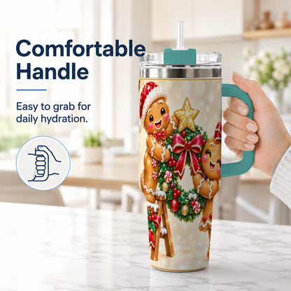 #pl[40oz|Green] Gingerbread Wreath 40oz Tumbler with Handle, Holiday Stainless Steel Cup