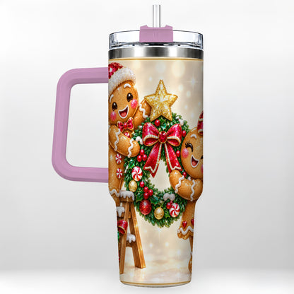 #pl[40oz|Pink] Gingerbread Wreath 40oz Tumbler with Handle, Holiday Stainless Steel Cup
