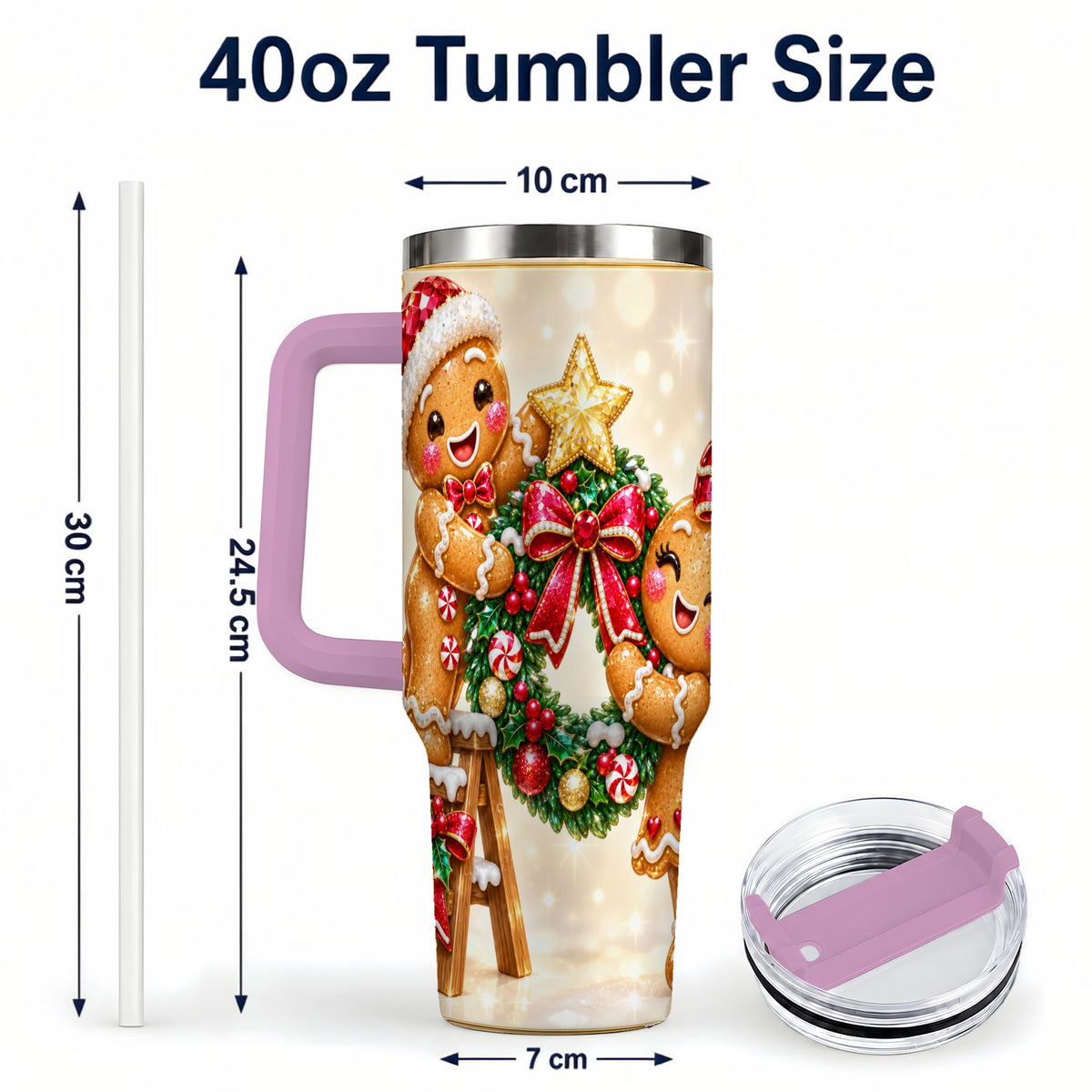 #pl[40oz|Pink] Gingerbread Wreath 40oz Tumbler with Handle, Holiday Stainless Steel Cup