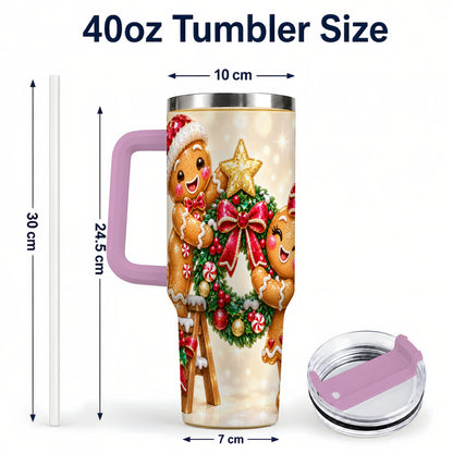 #pl[40oz|Pink] Gingerbread Wreath 40oz Tumbler with Handle, Holiday Stainless Steel Cup