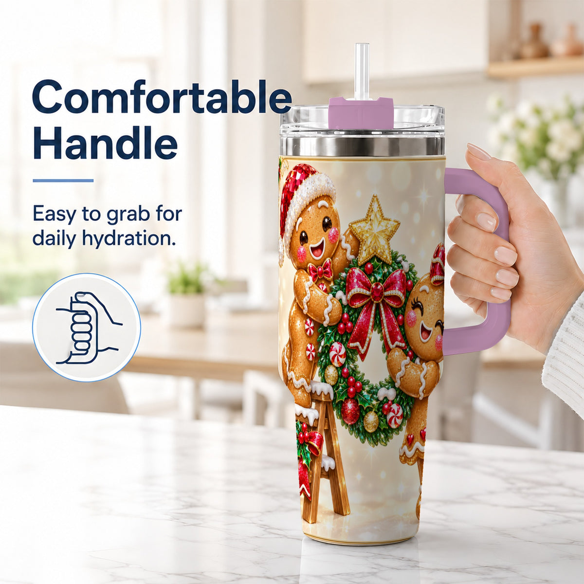 #pl[40oz|Pink] Gingerbread Wreath 40oz Tumbler with Handle, Holiday Stainless Steel Cup