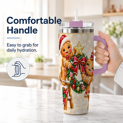 #pl[40oz|Pink] Gingerbread Wreath 40oz Tumbler with Handle, Holiday Stainless Steel Cup