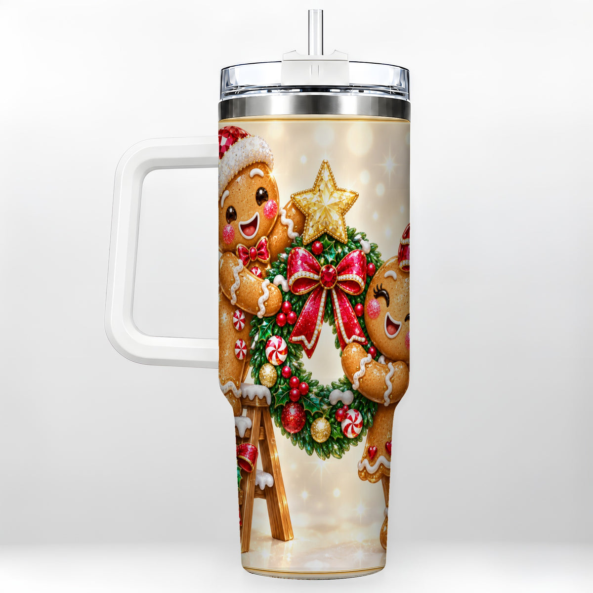 Gingerbread Wreath 40oz Tumbler with Handle, Holiday Stainless Steel Cup